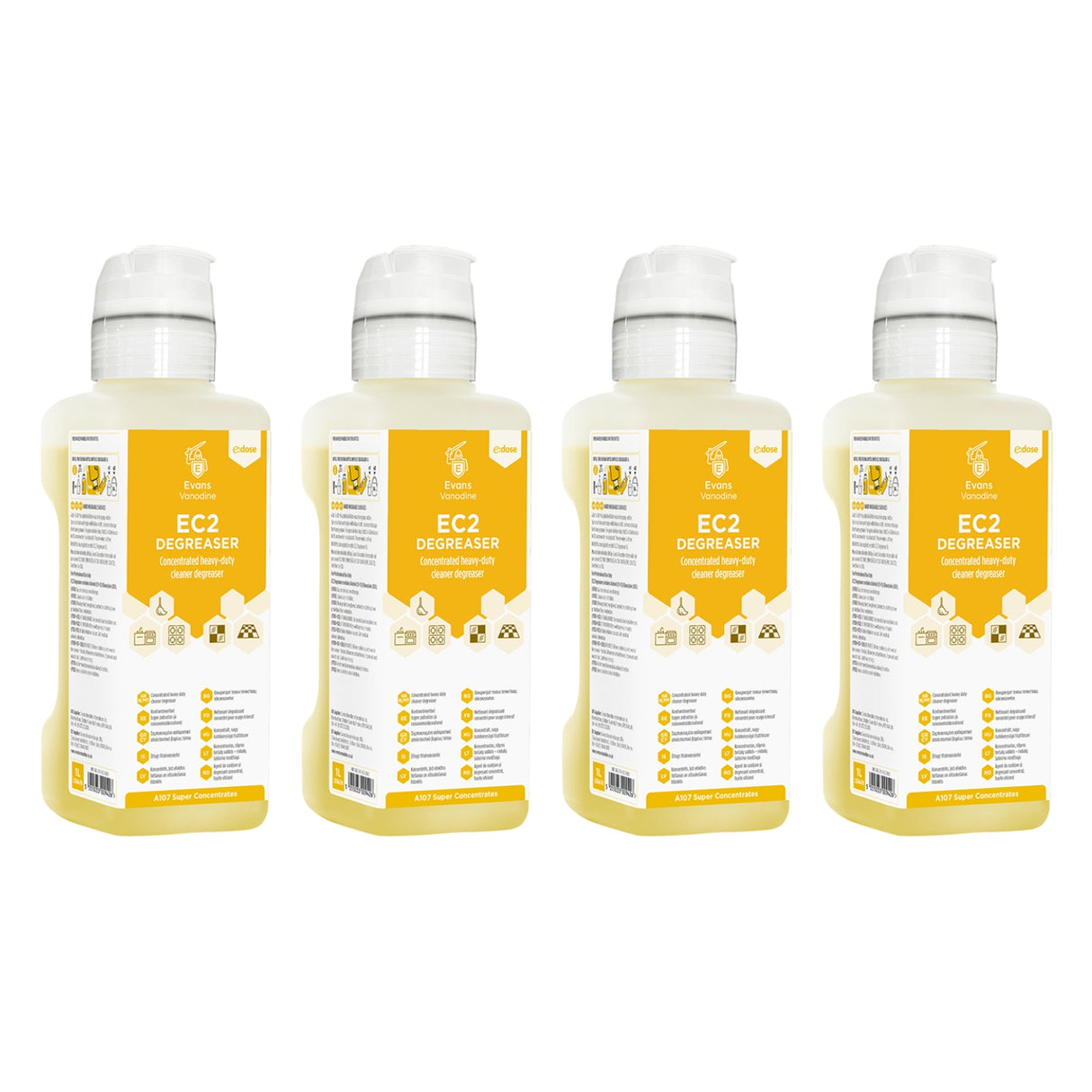 Four bottles of EC2 cleaner on a white background