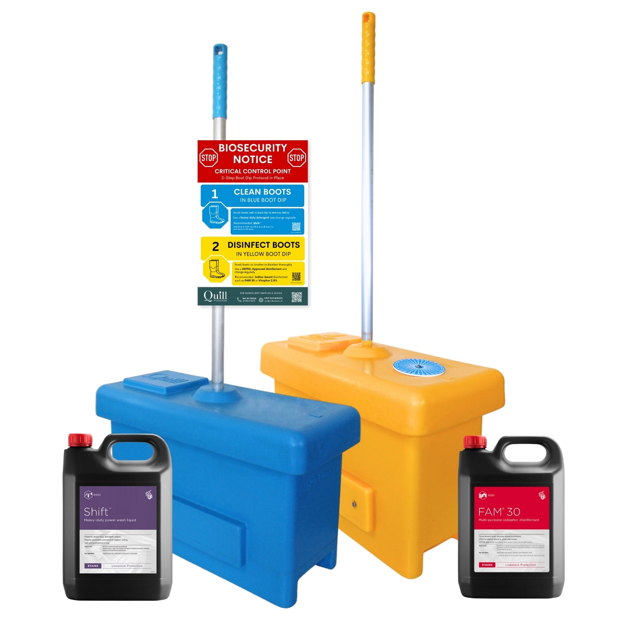 Full Boot Dip Protocol: Quill Cleaning Boot Dip, Shift Detergent 5L, Quill Disinfecting Boot Dip, FAM 30 Disinfectant 5L & Biosecurity Sign