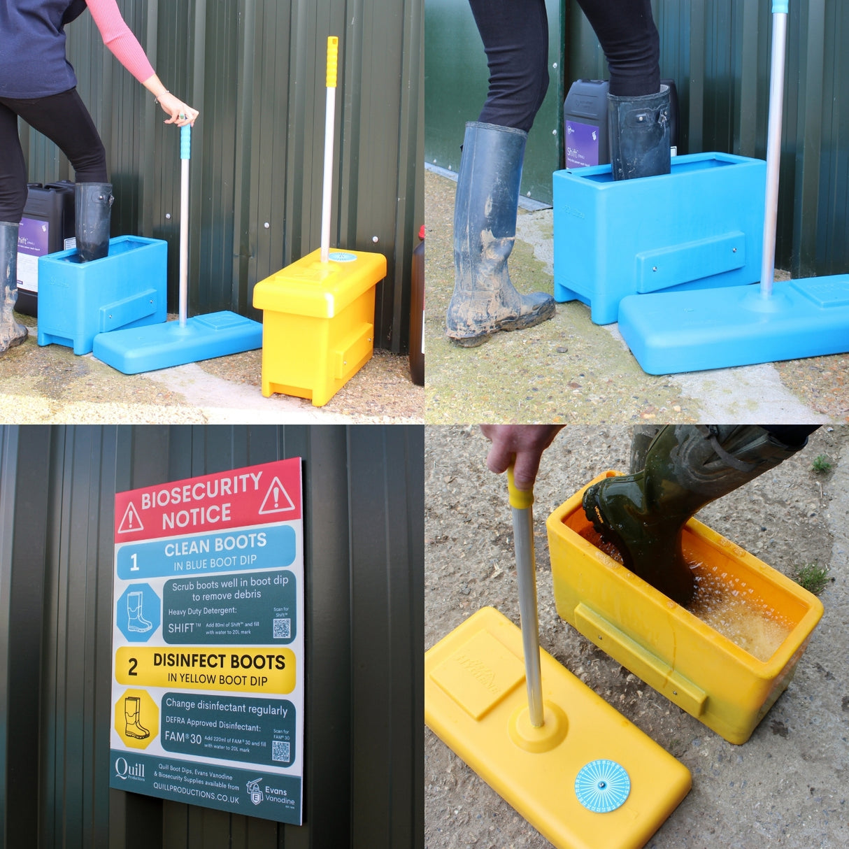 Full Boot Dip Protocol: Quill Cleaning Boot Dip, Shift Detergent 5L, Quill Disinfecting Boot Dip, FAM 30 Disinfectant 5L & Biosecurity Sign
