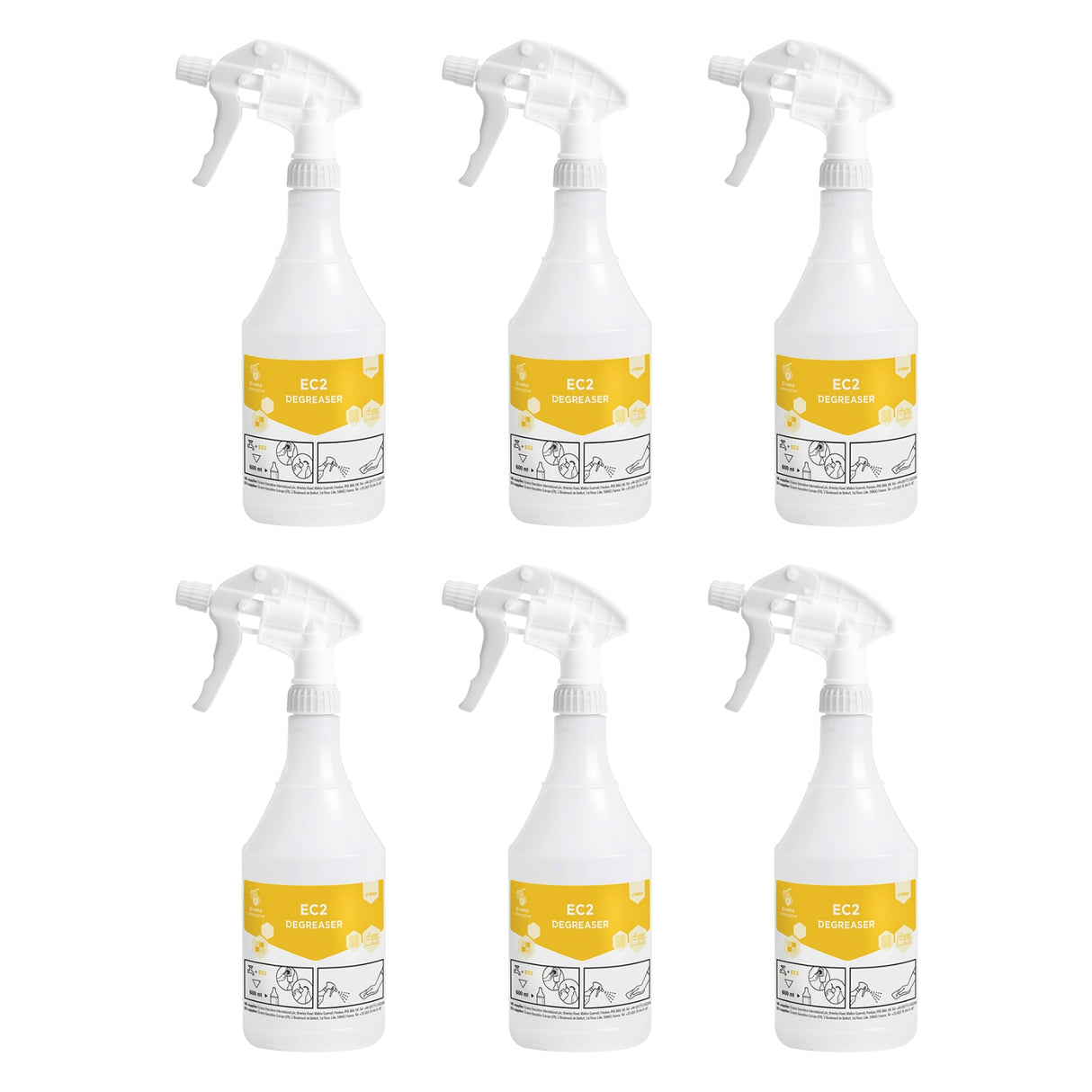 Six spray bottles with yellow labels on a white background