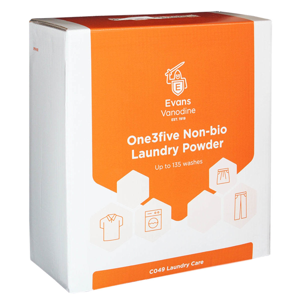 Box of Evans Vanadine One3five Non-bio Laundry Powder on a white background