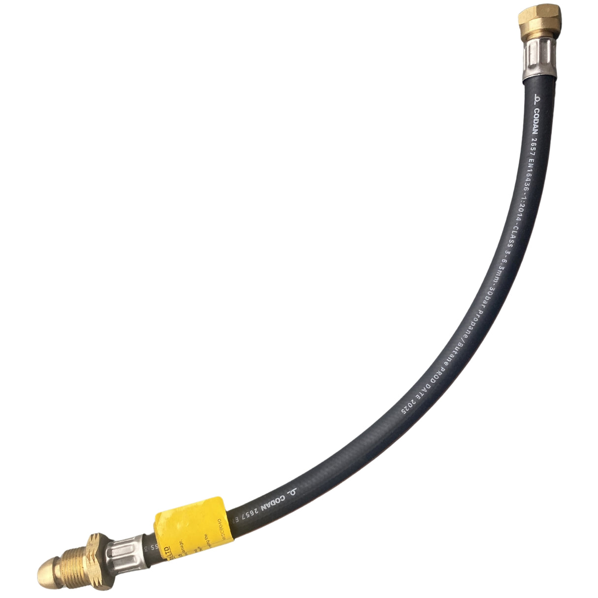 Black rubber hose with brass connectors on a white background