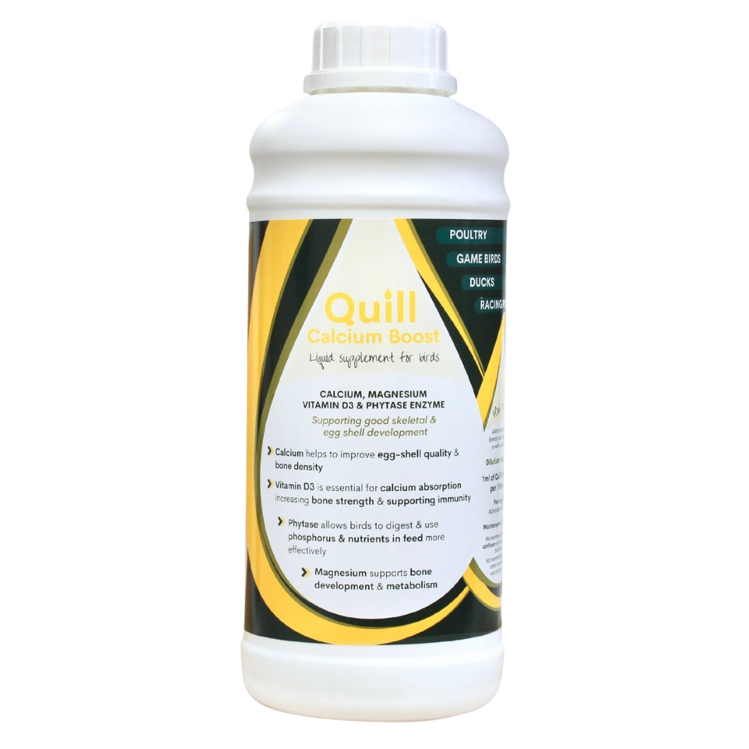 A large white container of Quill Calcium Boost bird supplement with a smaller bottle in front of it, both featuring green and yellow label design elements.