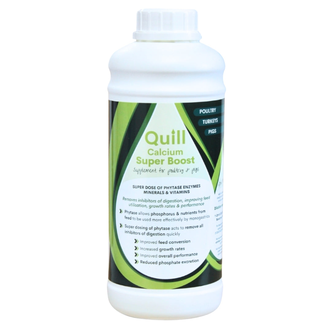 A large white container of Quill Calcium Super Boost liquid supplement, with a smaller bottle in front showing the product label.