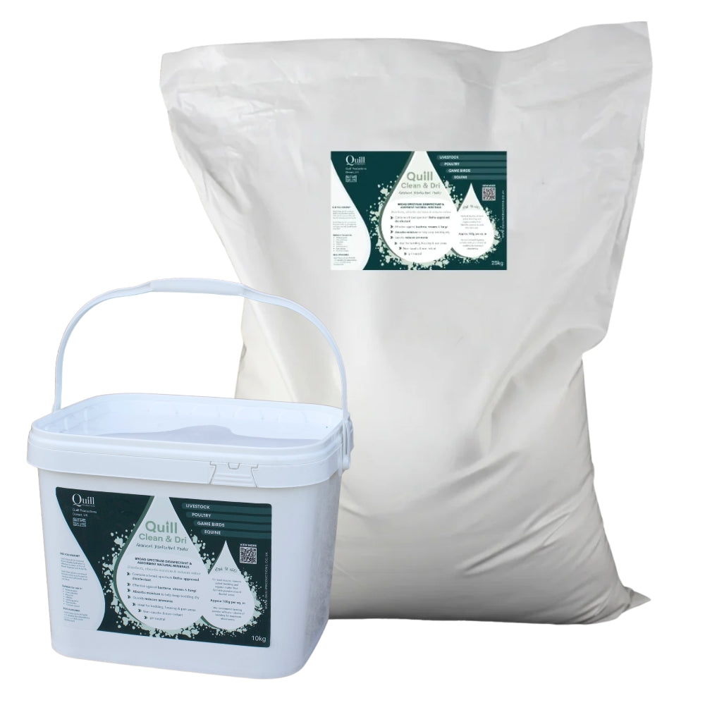 White bag and bucket with Quell logo on a white background