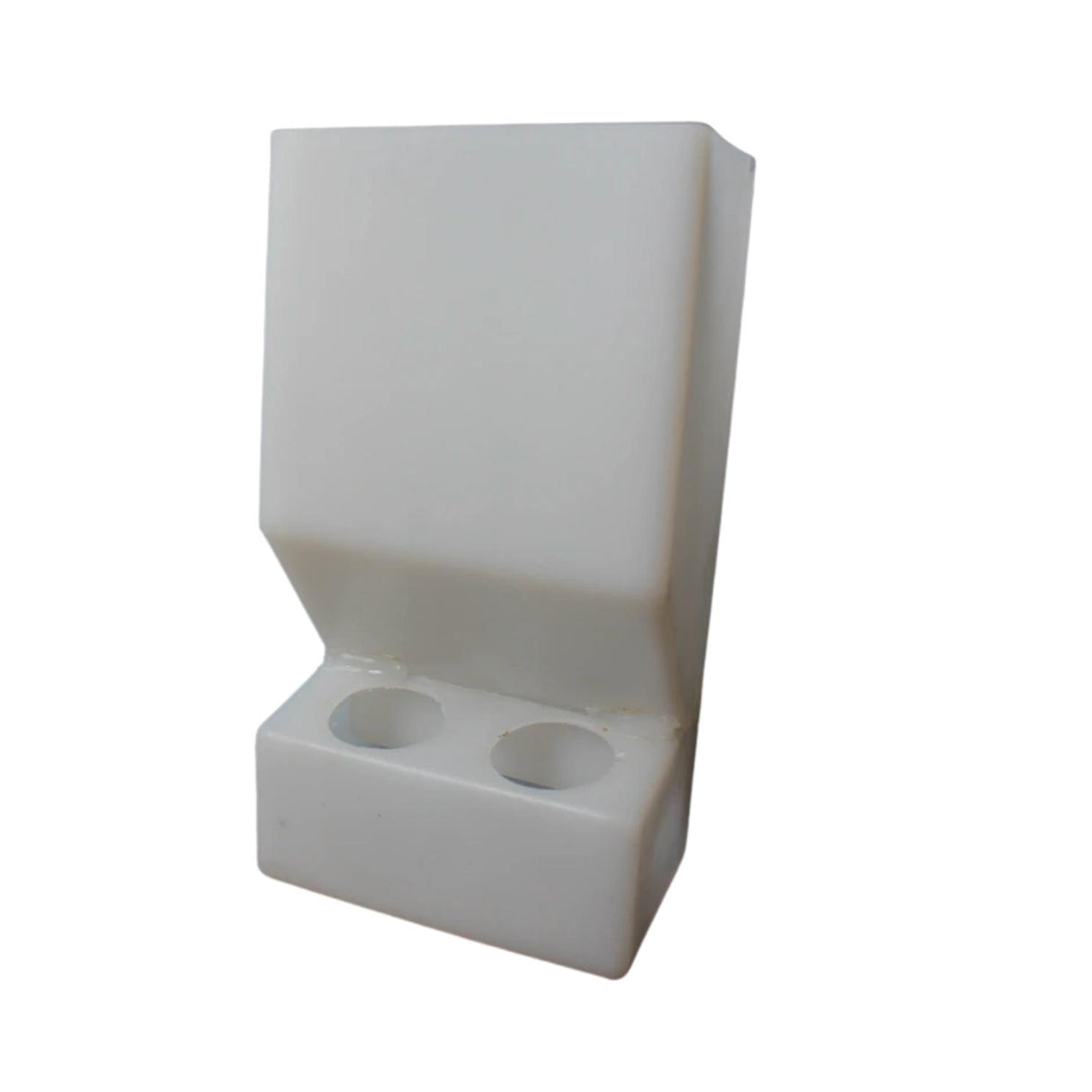 White plastic laying nest box feeder designed for raised laying boxes, with two circular feed ports on the lower section.