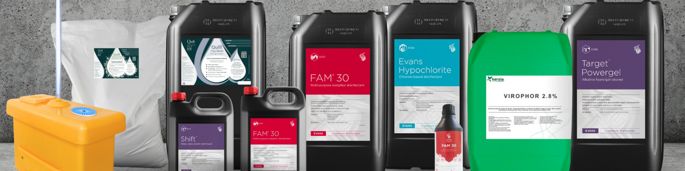 Range of agricultural and livestock disinfectants and cleaning products displayed together