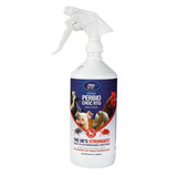 A white plastic spray bottle of Jovial Farm Perbio Choc RTU insecticide, featuring a white trigger sprayer and a blue and red label with images of farm animals.