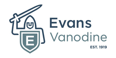 Evans Vanodine logo with a sword and shield design on a white background