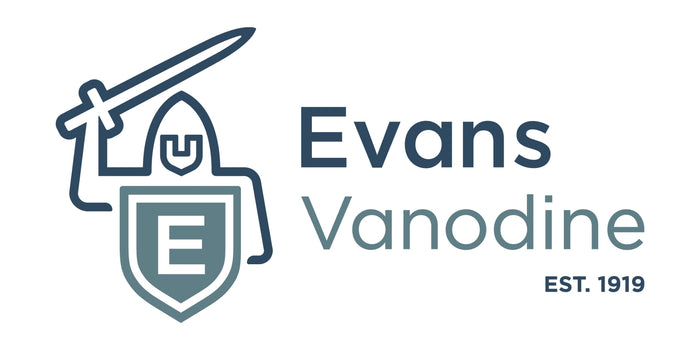 Evans Vanodine logo with a sword and shield design on a white background