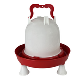 Red and white plastic chicken feeder on a white background
