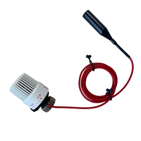 A small white cylindrical vented control unit with red wiring and a black antenna-like probe, photographed on a plain white background.