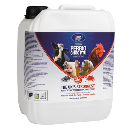 A white plastic canister of Digrain Perbio Choc RTU insecticide with a black cap and a detailed label featuring images of a cow, pig, chicken, and spider, on a white background.