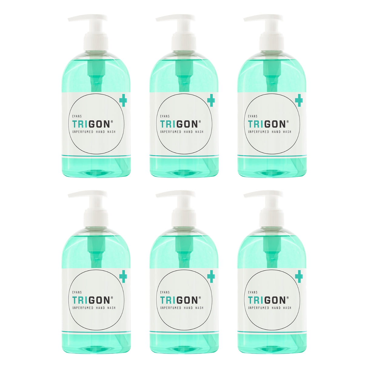 Six bottles of Trigon hand wash on a white background