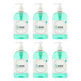 Six bottles of Trigon hand wash on a white background