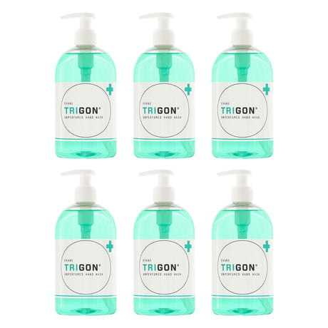 Six bottles of Trigon hand wash on a white background