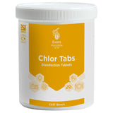 Container of Evans Vandoline Chlor Tabs disinfection tablets on a white background