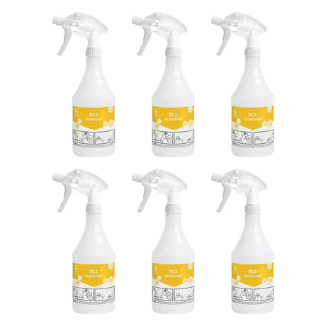 Six spray bottles with yellow labels on a white background