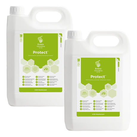 Two white plastic jugs of Evans Vertimarine Protect A125 Disinfectant, with one larger jug in the back and one smaller jug in the front, both featuring green and white labels.