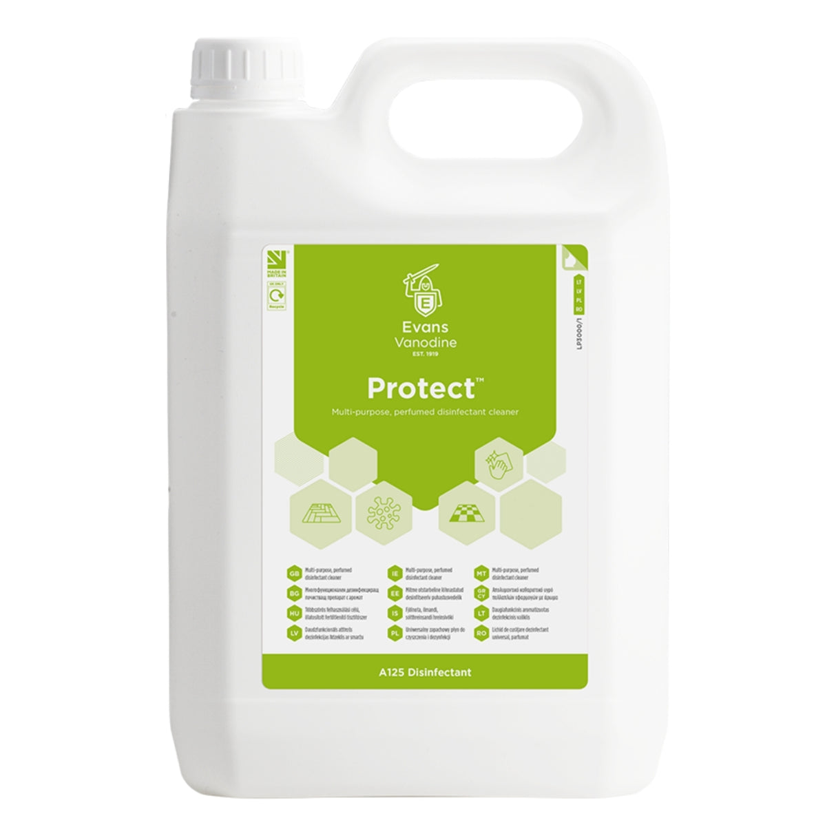 A white plastic jug of Evans Vegetine Protect A125 Disinfectant with a green and white label, shown on a plain white background.