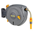 Hozelock hose reel with gray and yellow design on a white background