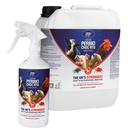 A white plastic spray bottle and a larger white plastic jug of Perbio Choc RTU Insecticide by Agro-Chem, both with blue and red labels featuring images of farm animals.