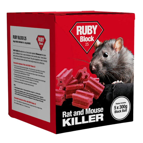 Ruby Block rat and mouse killer packaging with a rat on a white background