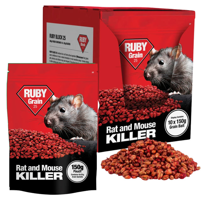 Ruby Grain Rat and Mouse Killer packaging with red and black design featuring a rat.