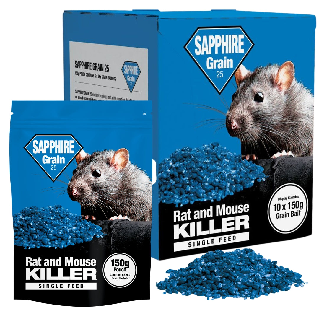 Sapphire Grain 25 rat and mouse killer packaging with blue grain and rat illustration.