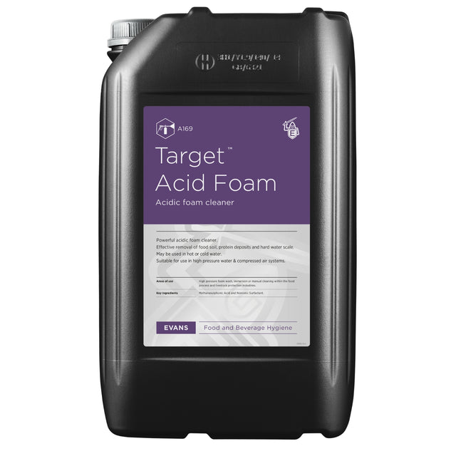 Black container of Target Acid Foam with purple label on a white background